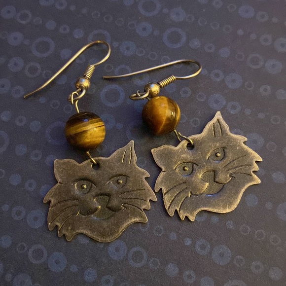 Genuine Tigers eye stone cat-face drop earrings - Picture 2 of 3